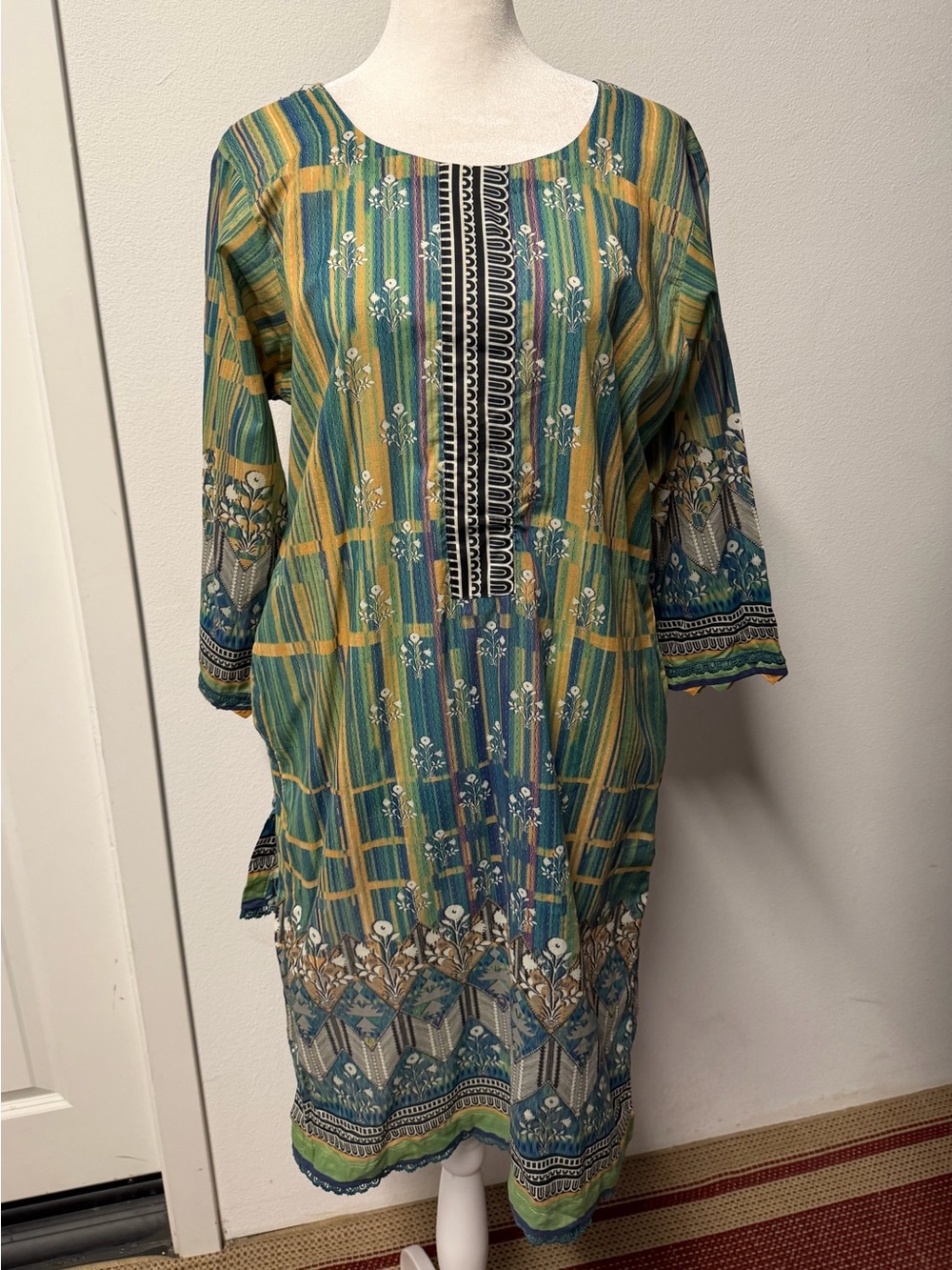 Teal Green Mustard Printed Pakistani Kameez Floral Geometric Desi Kurta